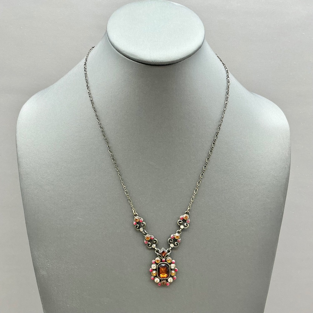 Avon Necklace Women Brown Rhinestone Pendant Antique Bronze Tone Chain Jewelry